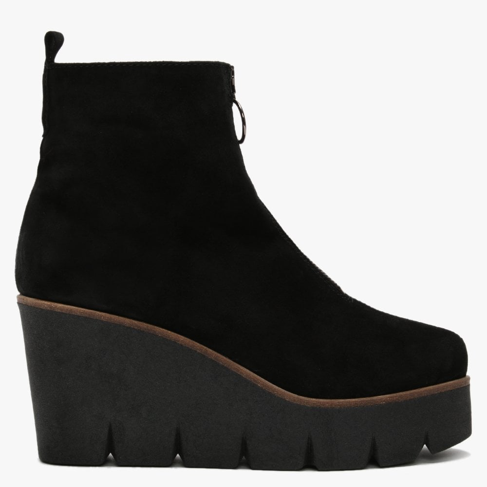 Hamal Black Suede Zip Front Wedge Ankle Boots