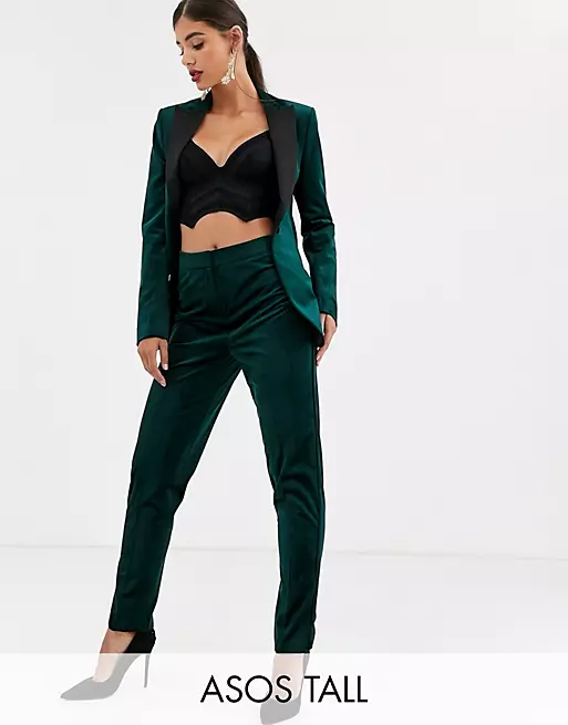 Asos Design Tall Velvet Moulded Hip Suit Blazer In Green